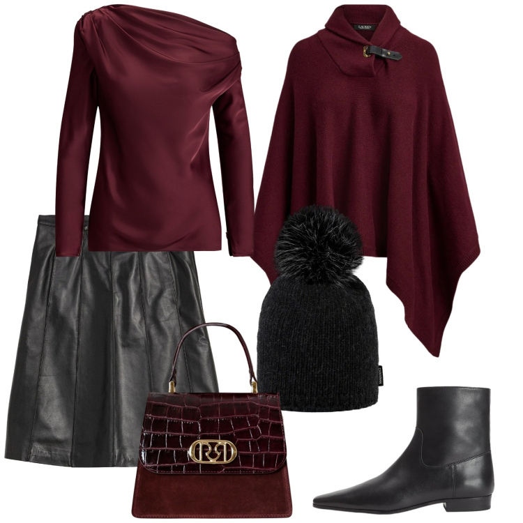Outfit donna - Nero e Bordeaux. Stile Bon Ton per Serata fuori. Abbinamento con gonne, borse a mano, bluse, stivaletti, cappotti, cappelli.