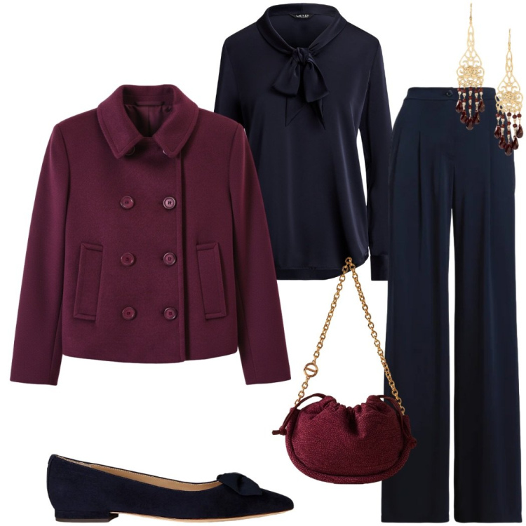 Outfit donna - Blu per le feste. Stile Chic per Serata fuori. Abbinamento con caban, borse a spalla, camicie, ballerine, orecchini, pantaloni.
