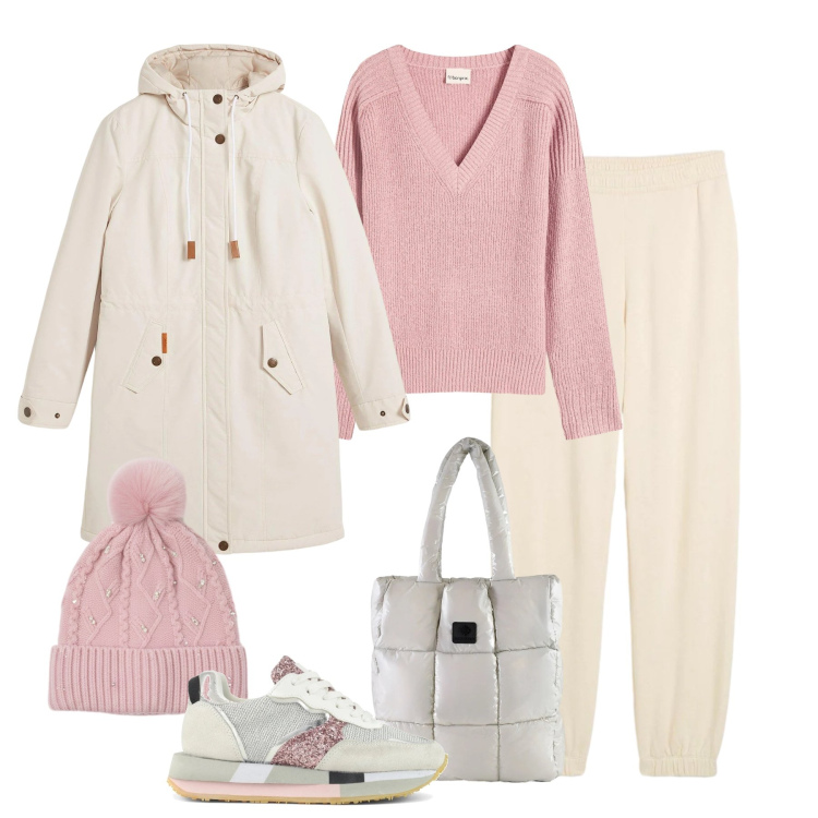 Outfit donna - Un tocco di rosa. Stile Casual per Tutti i giorni. Abbinamento con blazer, pantaloni, maglieria, berretti, shopping bag, sneakers.