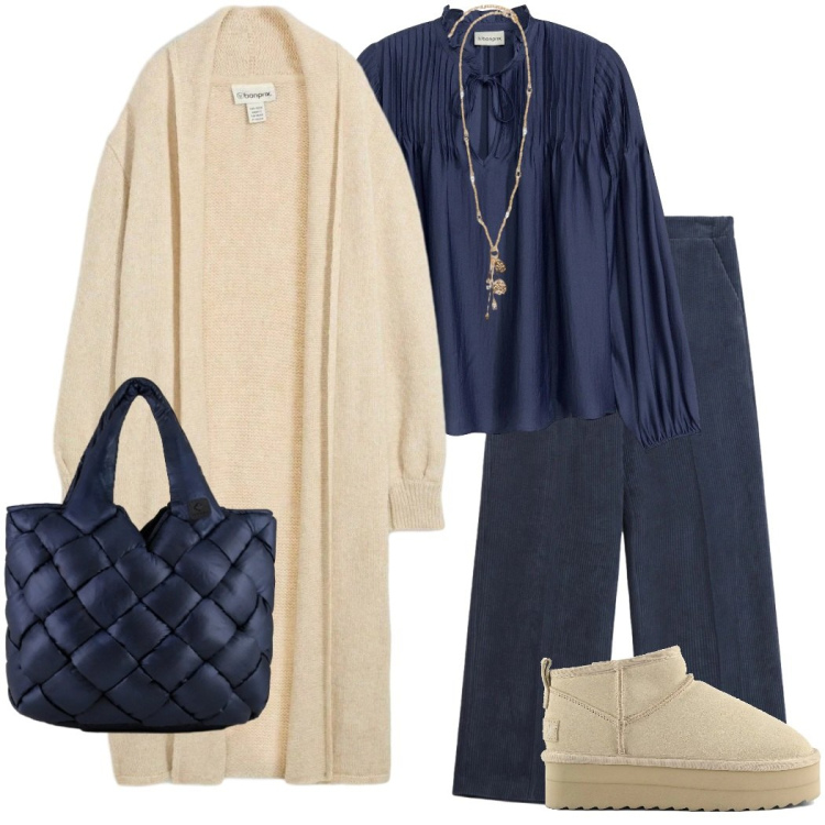 Outfit donna - Blu per le feste. Stile Casual chic per Tutti i giorni. Abbinamento con bluse, cardigans, pantaloni a palazzo, borse tote, ciondoli, stivaletti.