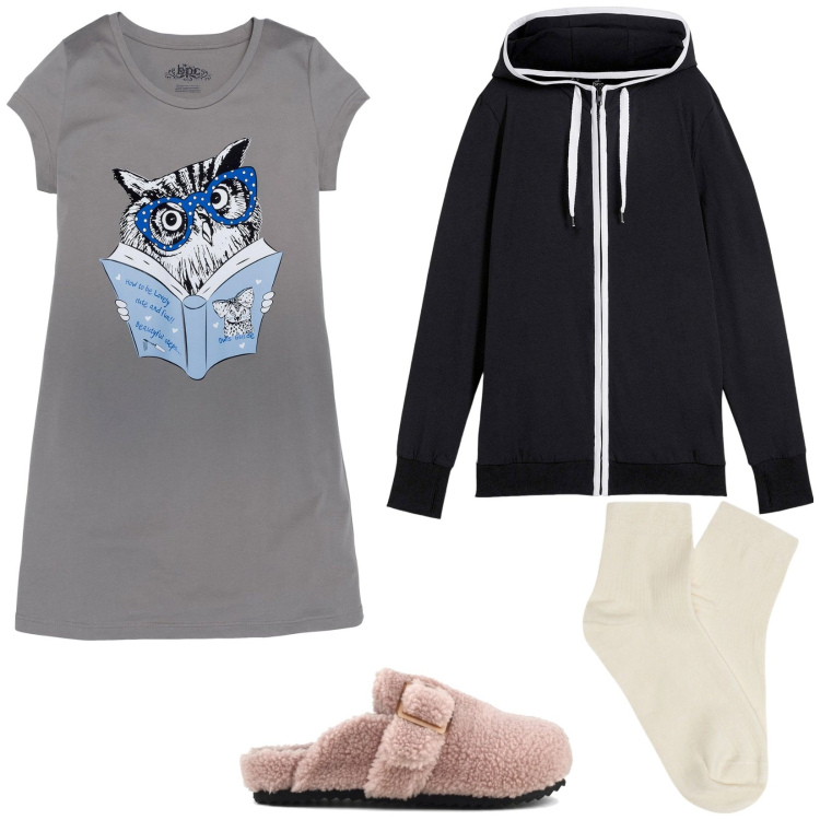 Outfit donna - Abbigliamento da casa. Stile Basic per Tutti i giorni. Abbinamento con felpe, camicie da notte, sabot, collant.