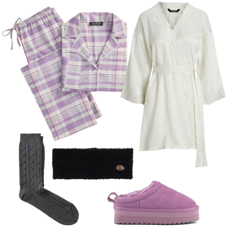 Outfit donna - Pigiama a quadri. Stile Basic per Tutti i giorni. Abbinamento con fasce per capelli, calzini, vestaglie, pigiama, sabot.