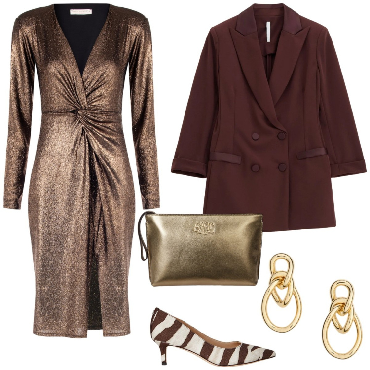 Outfit donna - Serata speciale. Stile Glamour per Serata fuori. Abbinamento con vestiti a tubino, blazer, décolleté, pochette, orecchini.
