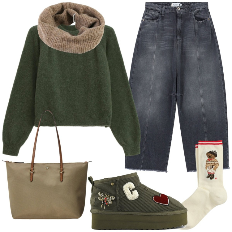 Outfit donna - Maglione caldo donna. Stile Casual chic per Tutti i giorni. Abbinamento con pantaloni a palazzo, maglieria, borse tote, calzini, scaldacollo, stivali.