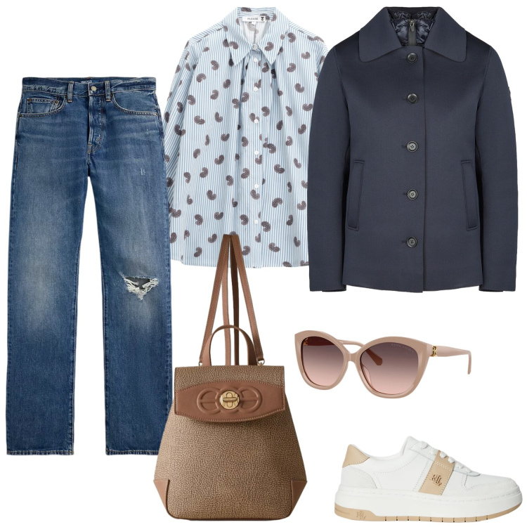 Outfit donna - Casual raffinato. Stile Casual per Tutti i giorni. Abbinamento con camicie, zaini, jeans dritti, occhiali da sole, sneakers, caban.