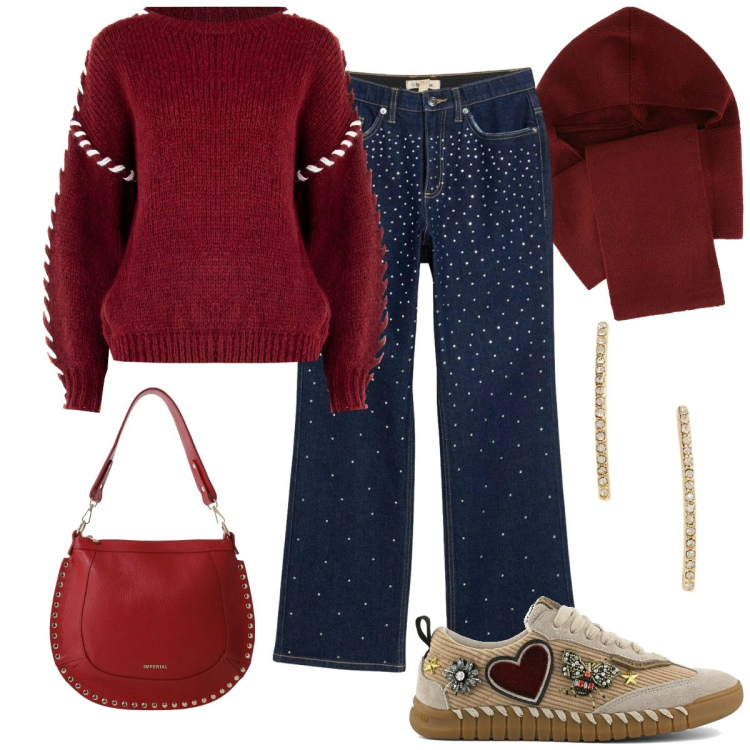 Outfit donna - Peppermint. Stile Glamour per Tutti i giorni. Abbinamento con jeans dritti, sciarpe, maglieria, borse a spalla, orecchini, sneakers.