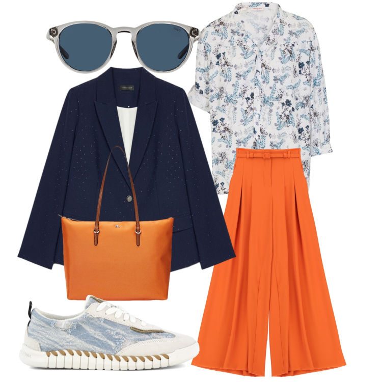 Outfit donna - Aperitivo solare. Stile Urban per Tutti i giorni. Abbinamento con pantaloni a palazzo, blazer, occhiali da sole, borse tote, sneakers, camicie.