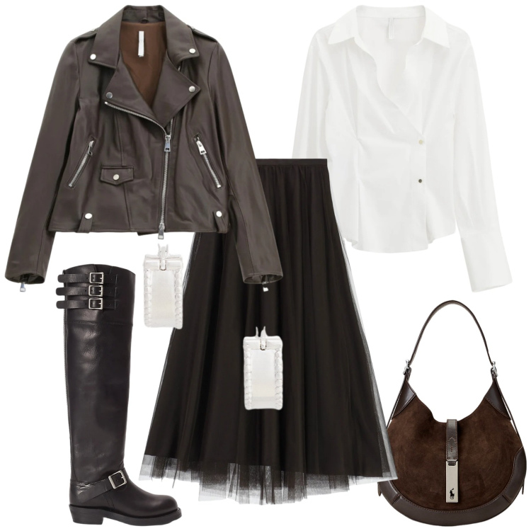 Outfit donna - La sera. Stile Rock per Serata fuori. Abbinamento con camicie, gonne lunghe, giacche, borse a spalla, stivali, orecchini.