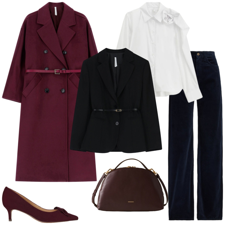 Outfit donna - In ufficio. Stile Casual chic per Ufficio. Abbinamento con camicie, blazer, cappotti, borse a mano, décolleté, pantaloni.