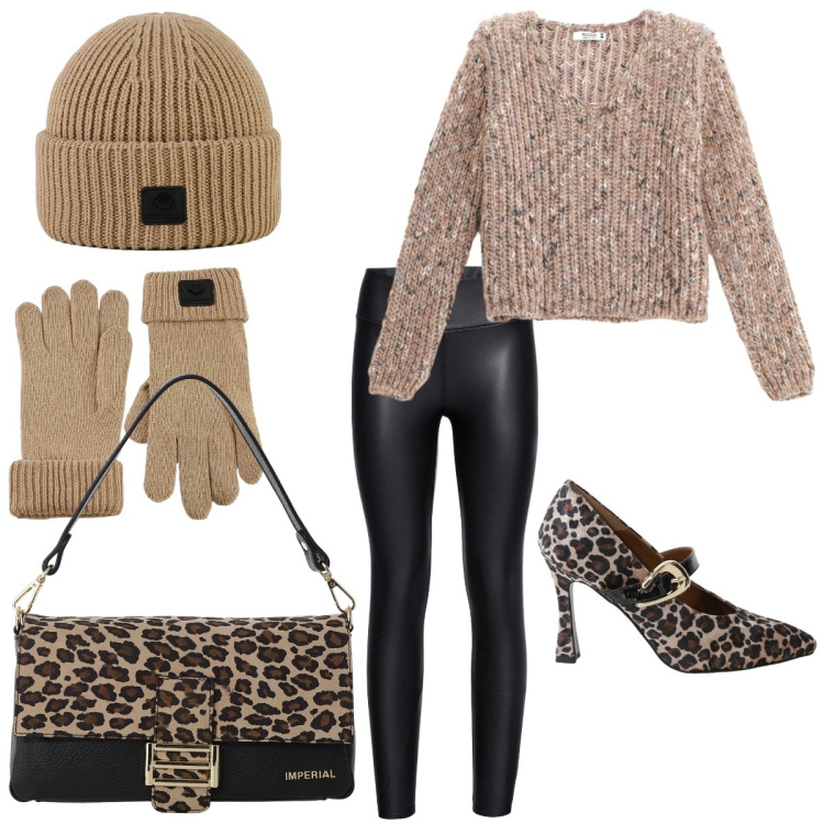 Outfit donna - Total look #2302658. Stile Casual chic per Tutti i giorni. Abbinamento con leggings, maglieria, décolleté, borse a spalla, berretti, guanti.