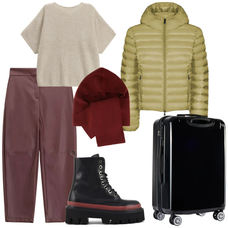 Outfit donna - Week end. Stile Sporty chic per Tutti i giorni. Abbinamento con sciarpe, pantaloni, maglieria, valigie, bomber, anfibi.