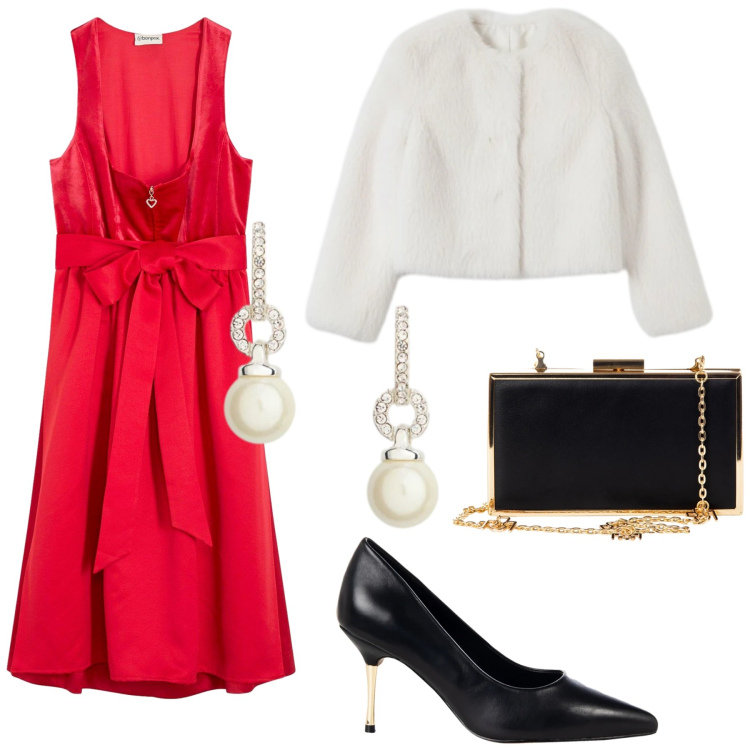 Outfit donna - A Natale puoi. Stile Chic per Serata fuori. Abbinamento con vestiti midi/longuette, décolleté, pochette, ecopellicce, orecchini.