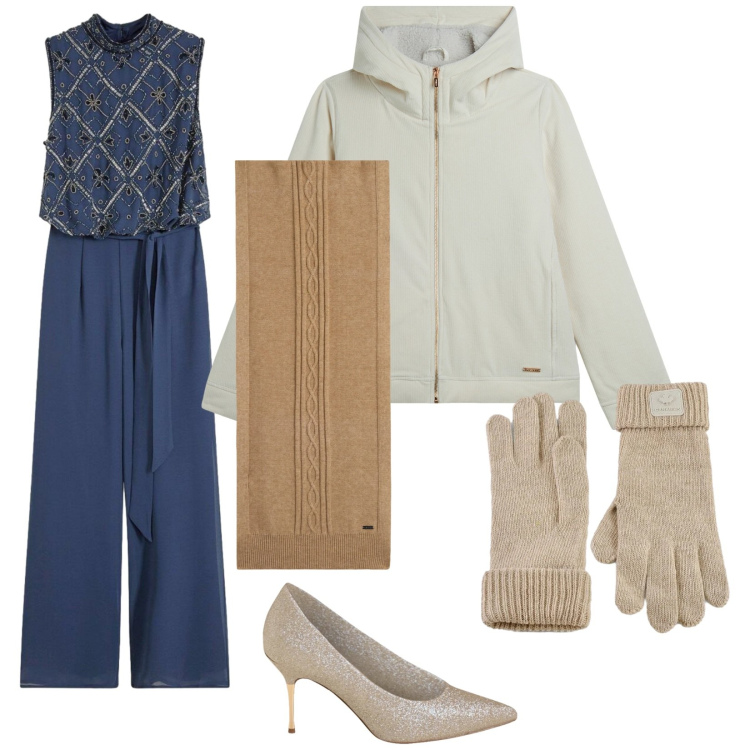 Outfit donna - Tuta Elegante blu. Stile Chic per Cerimonia. Abbinamento con tute, décolleté, blazer, sciarpe, guanti.