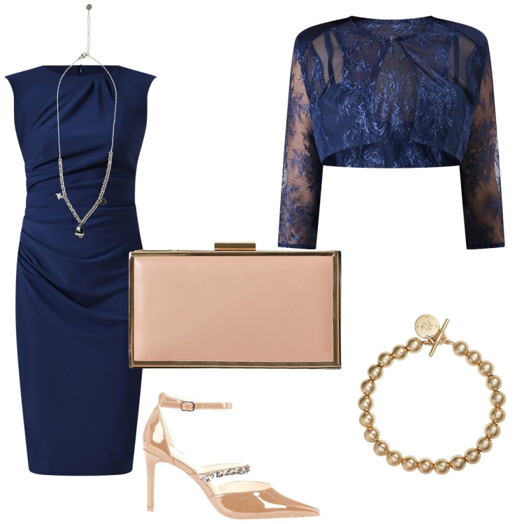 Outfit donna - Total look #2302665. Stile Chic per Serata fuori. Abbinamento con vestiti a tubino, pochette, bolero, décolleté, ciondoli, braccialetti.