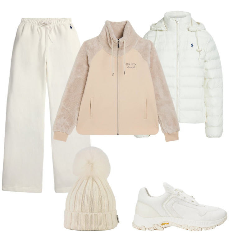 Outfit donna - Sportivo bianco. Stile Sporty chic per Sport. Abbinamento con felpe sportive, giacche, sneakers, pantaloni sportivi, berretti.