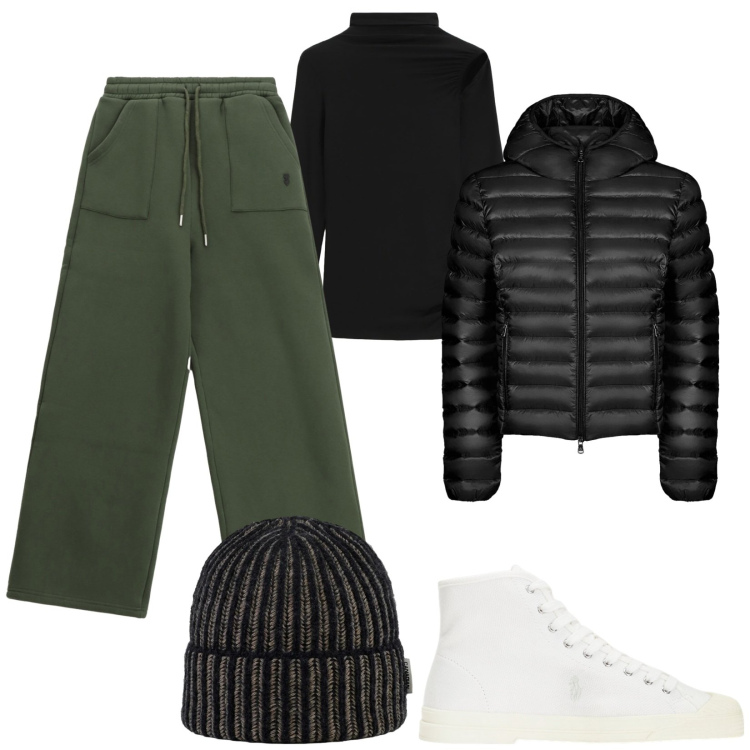 Outfit donna - Pantaloni verdi. Stile Sporty chic per Tutti i giorni. Abbinamento con pantaloni sportivi, pullovers, sneakers alte, berretti, blazer.