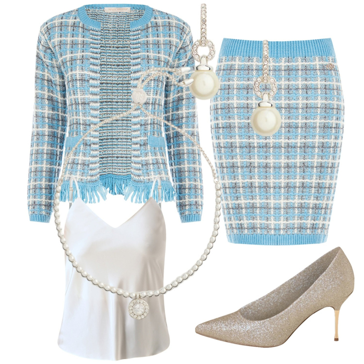 Outfit donna - Celeste 🩵 Lana. Stile Vintage retrò per Cerimonia. Abbinamento con décolleté, gonne, blazer, top, braccialetti, orecchini.