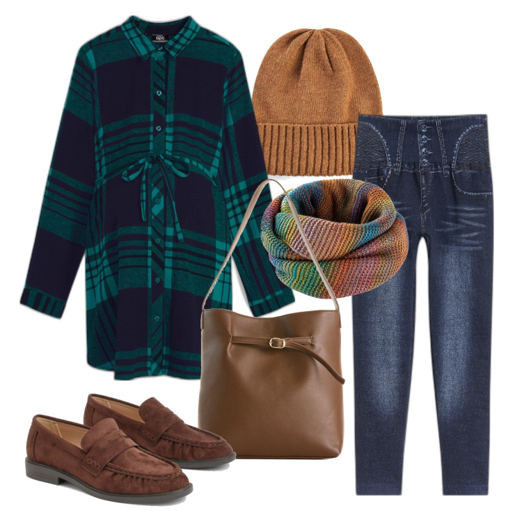 Outfit femme - Décembre. Style Casual pour Tous les jours. Assortir avec bonnets, sacs à main, chemisiers, écharpes, legging, mocassins.