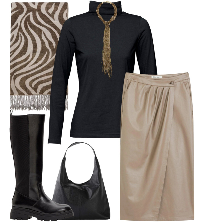 Outfit donna - Gonna ecopelle. Stile Casual chic per Tutti i giorni. Abbinamento con gonne longuette, stivali, shopping bag, maglieria, collane, foulard.