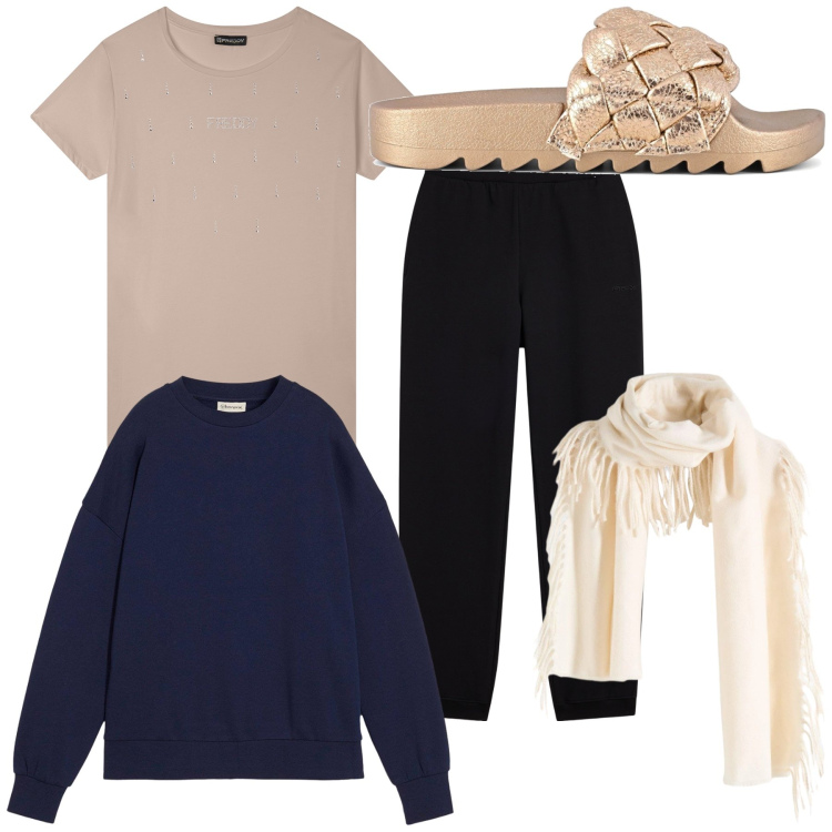 Outfit donna - A casa. Stile Basic per Tutti i giorni. Abbinamento con sciarpe, felpe, t-shirt, pantaloni, ciabatte.