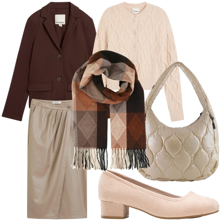 Outfit donna - Al lavoro. Stile Urban per Ufficio. Abbinamento con décolleté, gonne longuette, blazer, cardigans, sciarpe, borse tote.