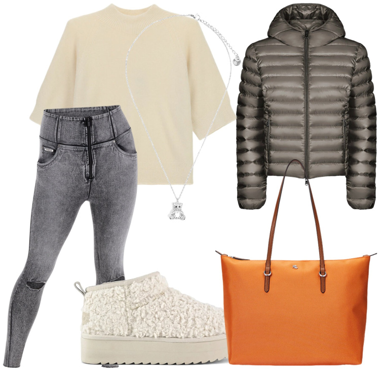 Outfit donna - A far commissioni. Stile Casual per Tutti i giorni. Abbinamento con maglieria, jeans strappati, ciondoli, borse tote, bomber, stivaletti.