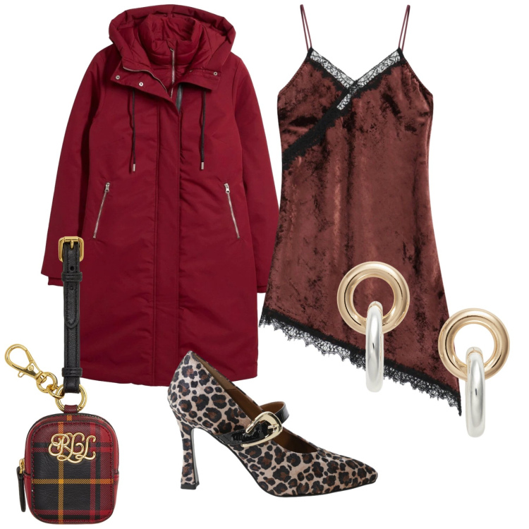 Outfit donna - Alla serata. Stile Glamour per Serata fuori. Abbinamento con piumini, décolleté, vestiti asimmetrici, orecchini, pochette.