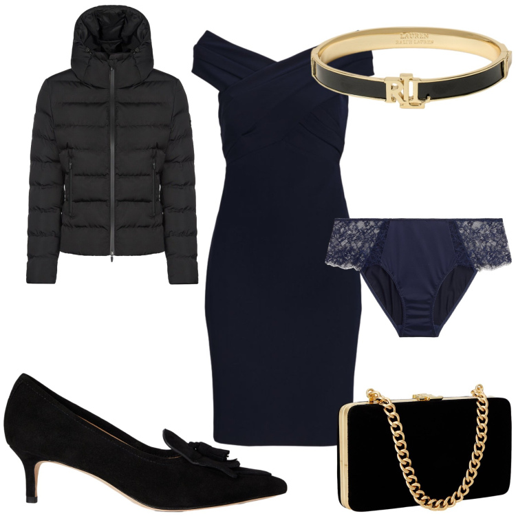 Outfit donna - Al ristorante chic. Stile Chic per Serata fuori. Abbinamento con clutch, vestiti, culotte, décolleté, braccialetti, piumini.