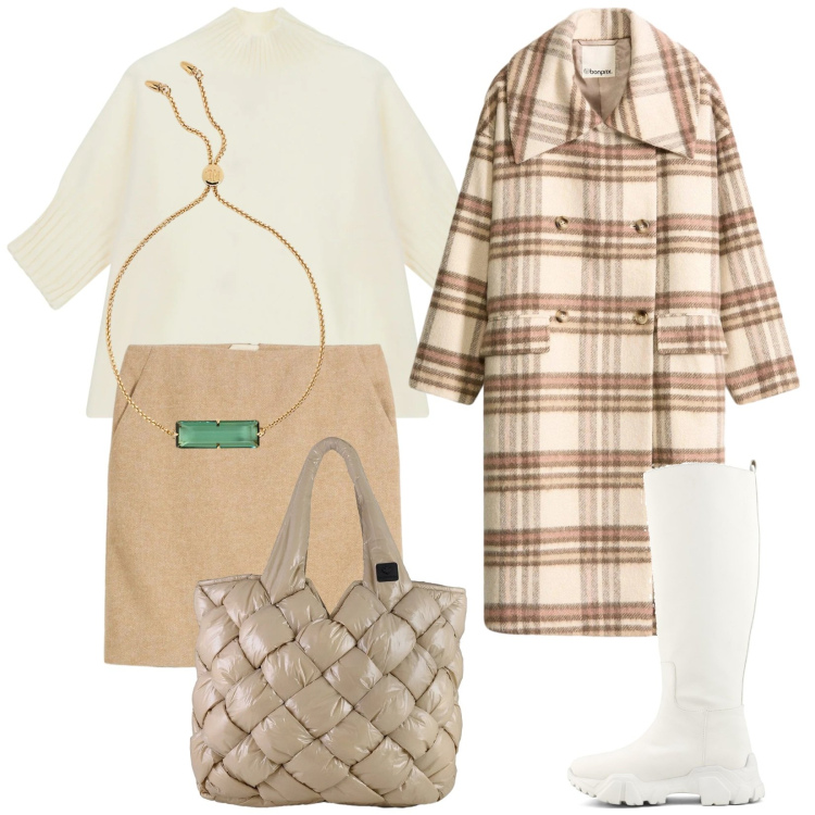 Outfit donna - Lunedì. Stile Casual chic per Ufficio. Abbinamento con cappotti, gonne, maglieria, braccialetti, borse tote, stivali.