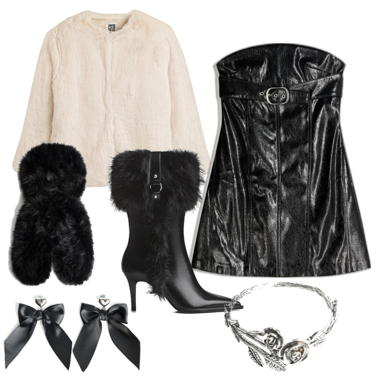 Outfit mujer - Noche vieja. Estilo Glamour para Noche/Fiesta elegante. Combinación con vestidos cortos, abrigos, pendientes, chales, botines, pulseras.