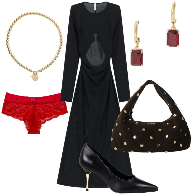 Outfit donna - 31. Stile Glamour per Serata fuori. Abbinamento con culotte, décolleté, vestiti lunghi, borse a spalla, collane, orecchini.