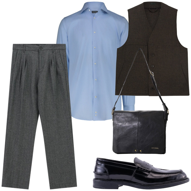 Outfit uomo - A cena fuori. Stile Business/Elegante per Serata speciale. Abbinamento con borse sportive, pantaloni, gilet, scarpe stringate, camicie.