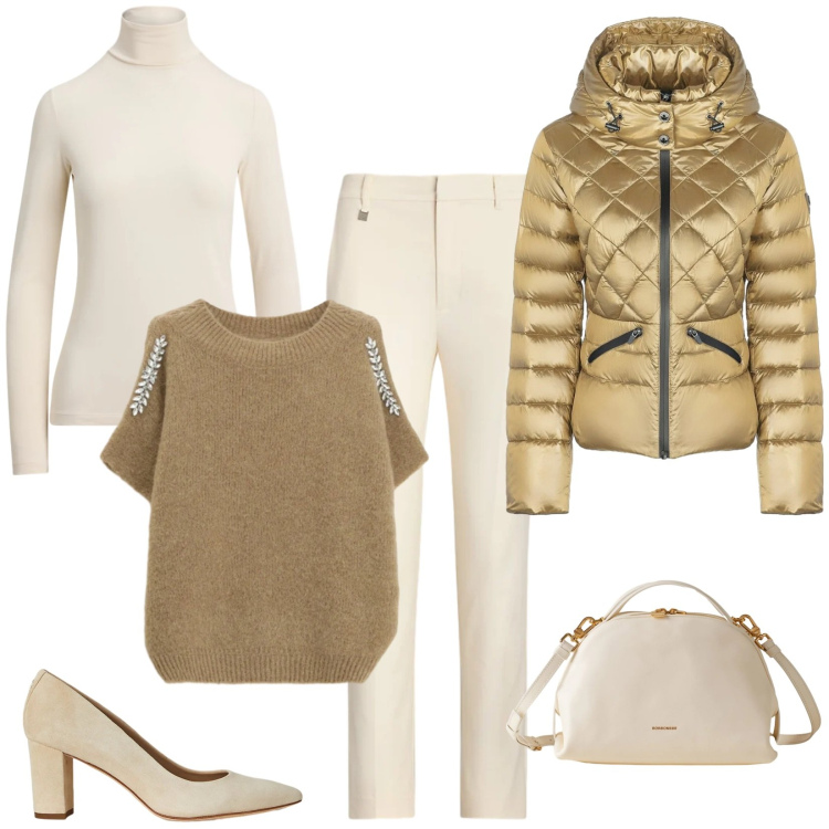 Outfit donna - Minimal, caldo ed elegante. Stile Casual chic per Ufficio. Abbinamento con maglieria, borse a mano, décolleté, pantaloni, maglieria, piumini.