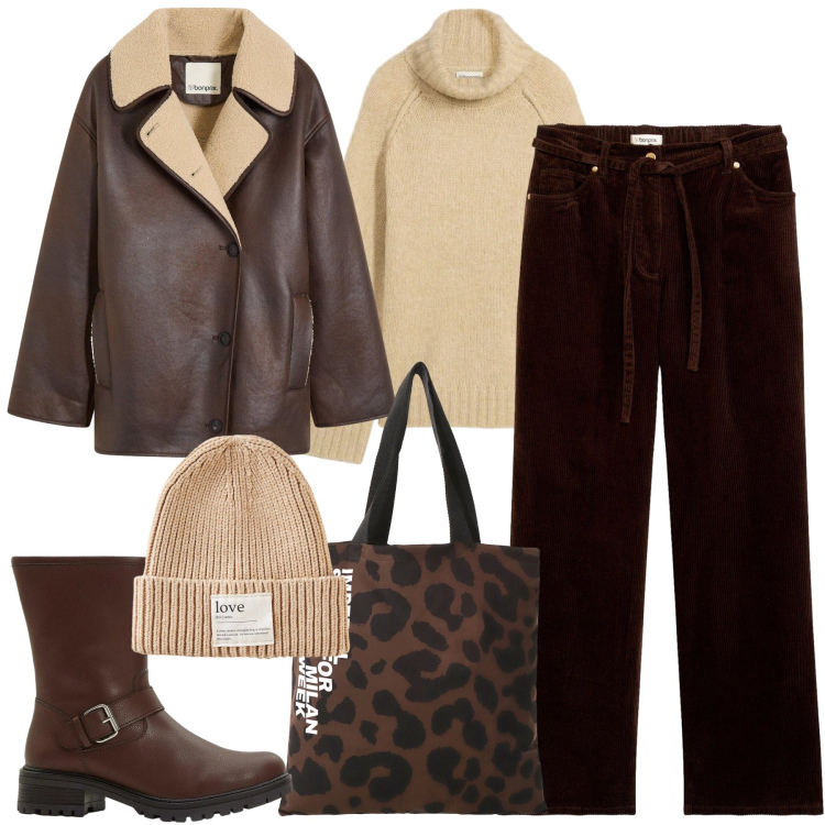 Outfit donna - Giacca montone sintetico. Stile Casual chic per Tutti i giorni. Abbinamento con pantaloni, berretti, blazer, maglieria, stivali, shopping bag.