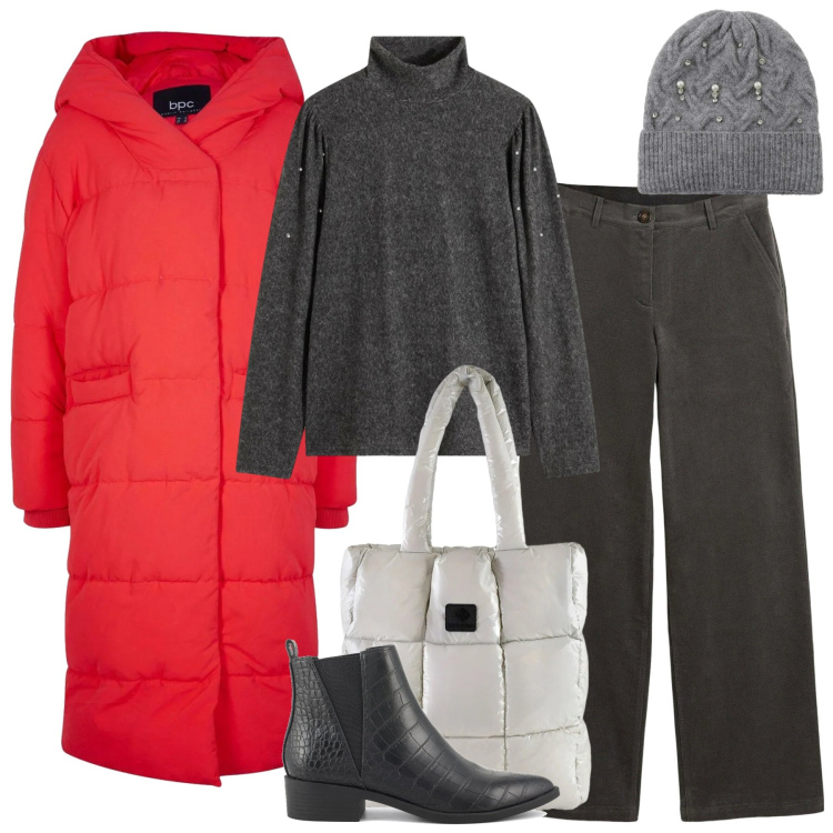 Outfit donna - Grigio e rosso. Stile Casual chic per Tutti i giorni. Abbinamento con pantaloni, maglieria, piumini, berretti, shopping bag, stivaletti.