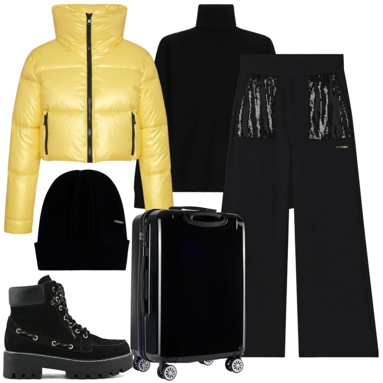 Outfit donna - Sporty-chic-Il piumino cropped giallo. Stile Sporty chic per Tutti i giorni. Abbinamento con maglieria, pantaloni, berretti, valigie, piumini, stivaletti.