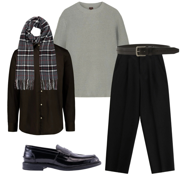 Outfit uomo - Total look #2302906. Stile Business/Elegante per Ufficio. Abbinamento con pantaloni, cinture, sciarpe, camicie, scarpe stringate, maglieria.