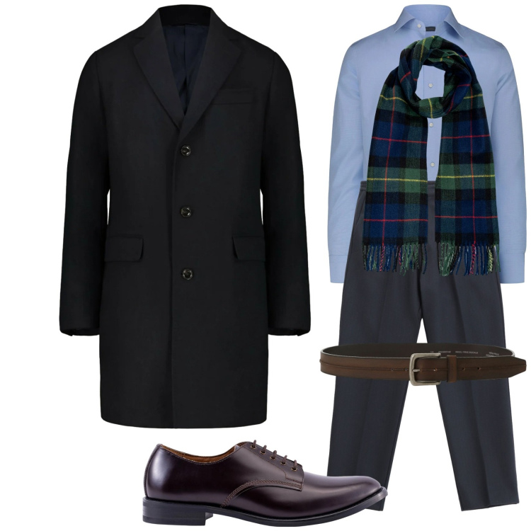 Outfit uomo - Il Cappotto. Stile Business/Elegante per Ufficio. Abbinamento con pantaloni, cinture, cappotti, scarpe stringate, camicie, sciarpe.