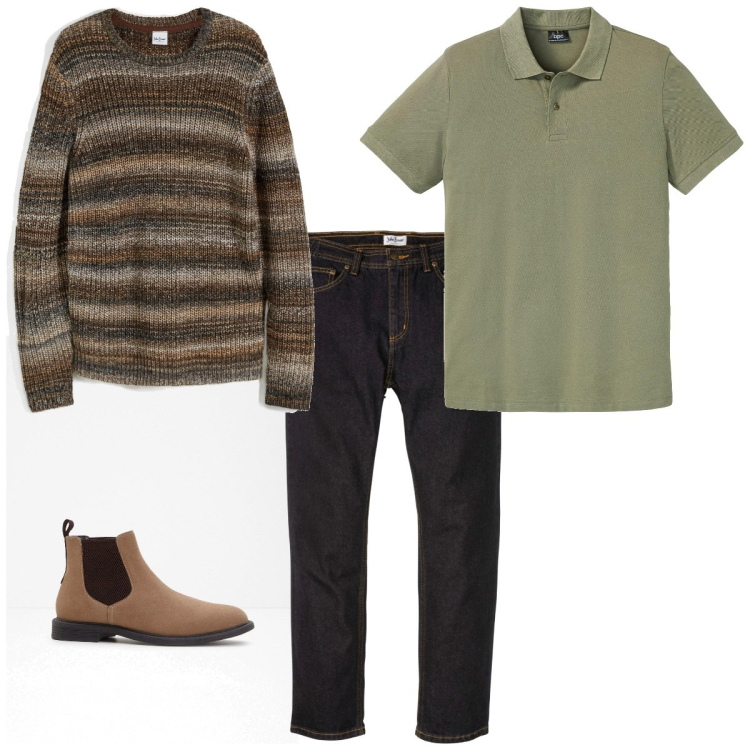 Outfit homme - Petit look de décembre. Style Tendance pour Tous les jours. Assortir avec jean coupe droite, polos, pulls, bottes et bottines.
