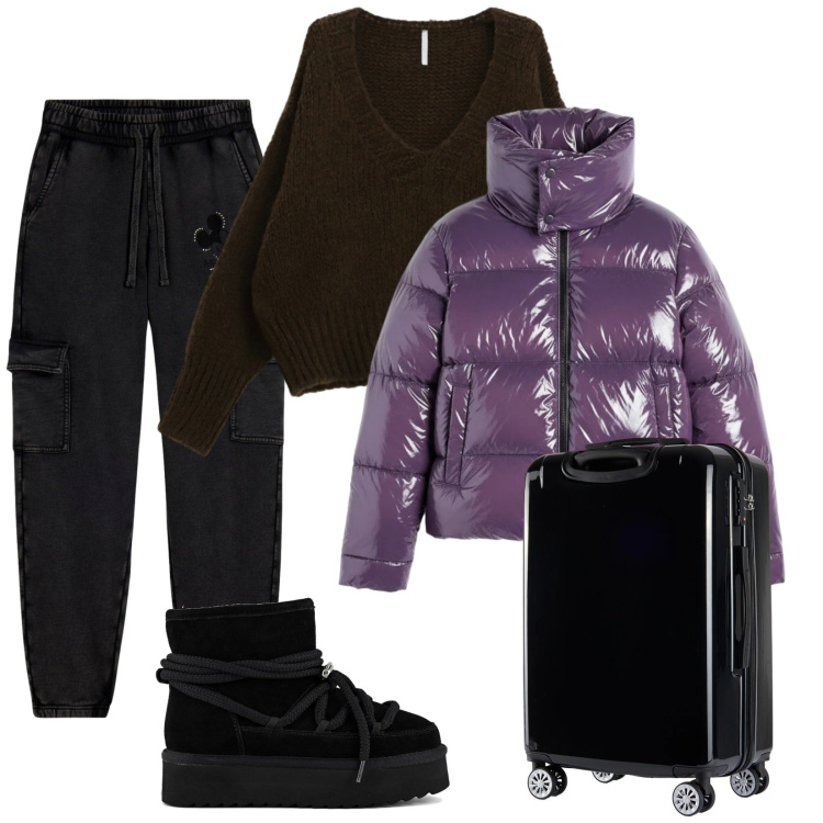 Outfit donna - Total look #2302929. Stile Casual per Tutti i giorni. Abbinamento con maglieria, valigie, pantaloni cargo, piumini, stivaletti.