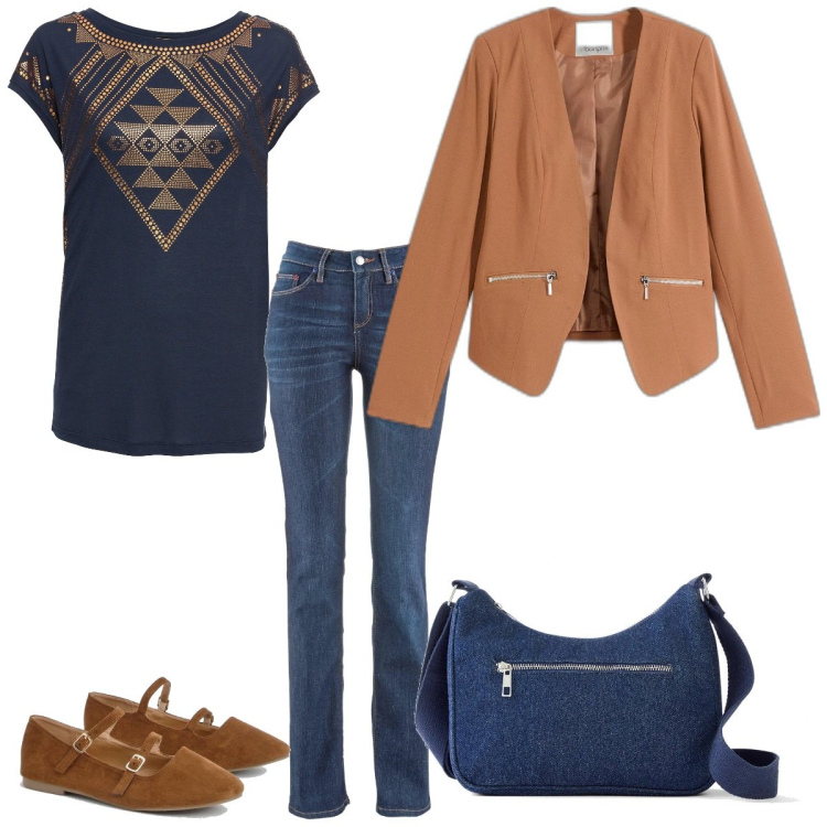 Outfit femme - Bleu pour les fêtes. Style Basique pour Soirée dehors. Assortir avec jean coupe droite, t-shirts, sacs en bandoulière, blazers, ballerines.