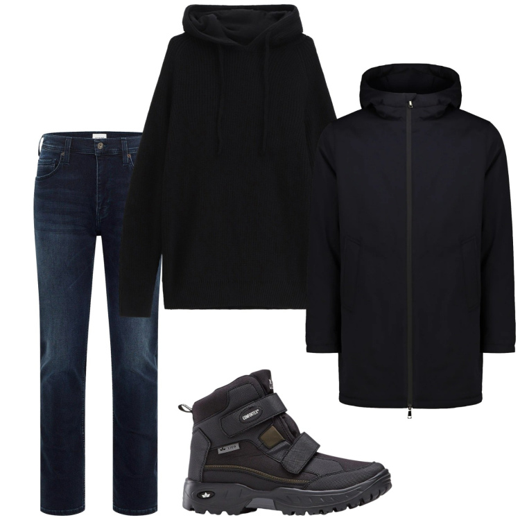 Outfit uomo - Total look #2302931. Stile Urban per Tutti i giorni. Abbinamento con stivali e stivaletti, jeans slim fit, felpe con cappuccio, parka.