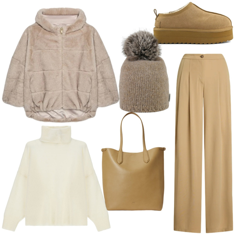 Outfit donna - Comfort essenziale. Stile Casual chic per Tutti i giorni. Abbinamento con maglieria, pantaloni, borse tote, berretti, ecopellicce, sabot.