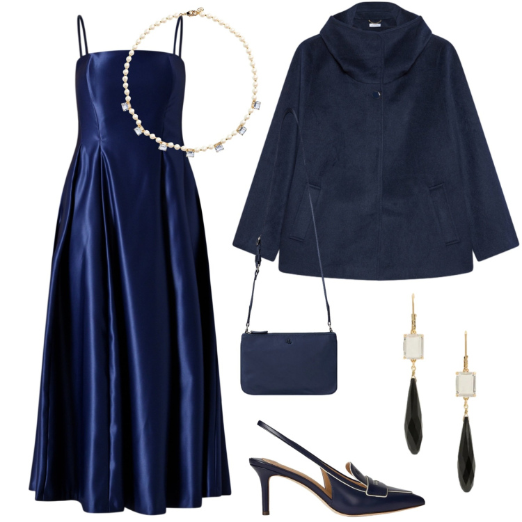 Outfit donna - Blu per le feste. Stile Chic per Serata fuori. Abbinamento con vestiti lunghi, borse a tracolla, collane, décolleté, orecchini, caban.
