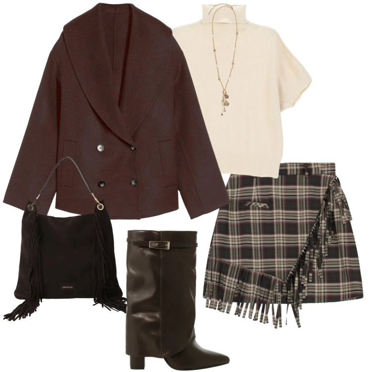 Outfit donna - Magiche asimmetrie. Stile Casual chic per Tutti i giorni. Abbinamento con caban, minigonne, maglieria, borse a spalla, stivali, ciondoli.