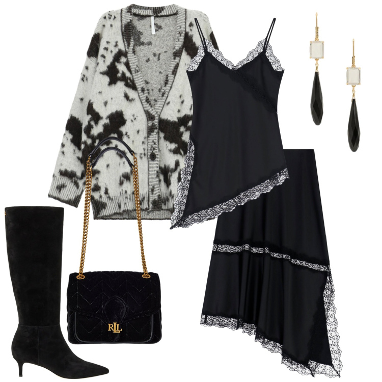 Outfit donna - Magiche asimmetrie. Stile Casual chic per Serata fuori. Abbinamento con cardigans, top, gonne lunghe, stivali, borse a spalla, orecchini.