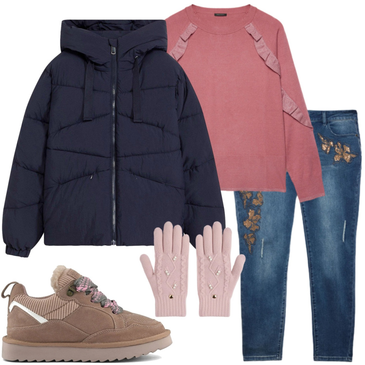 Outfit donna - Dicembre. Stile Urban per Tutti i giorni. Abbinamento con giacche, guanti, sneakers alte, maglieria, jeans skinny.