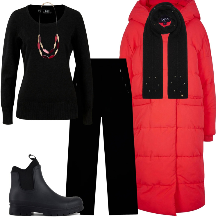 Outfit donna - Rosso fa Natale. Stile Casual chic per Tutti i giorni. Abbinamento con maglieria, piumini, sciarpe, pantaloni, stivali, collane.