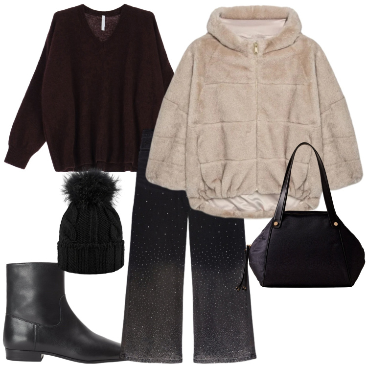 Outfit donna - Ecopelliccia. Stile Casual chic per Serata fuori. Abbinamento con maglieria, shopping bag, stivaletti, berretti, jeans, ecopellicce.