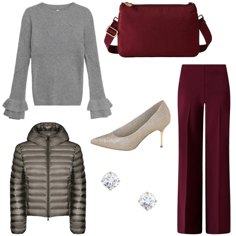 Outfit donna - Feste glamour. Stile Glamour per Serata fuori. Abbinamento con pantaloni a palazzo, décolleté, maglieria, borse a tracolla, orecchini, bomber.